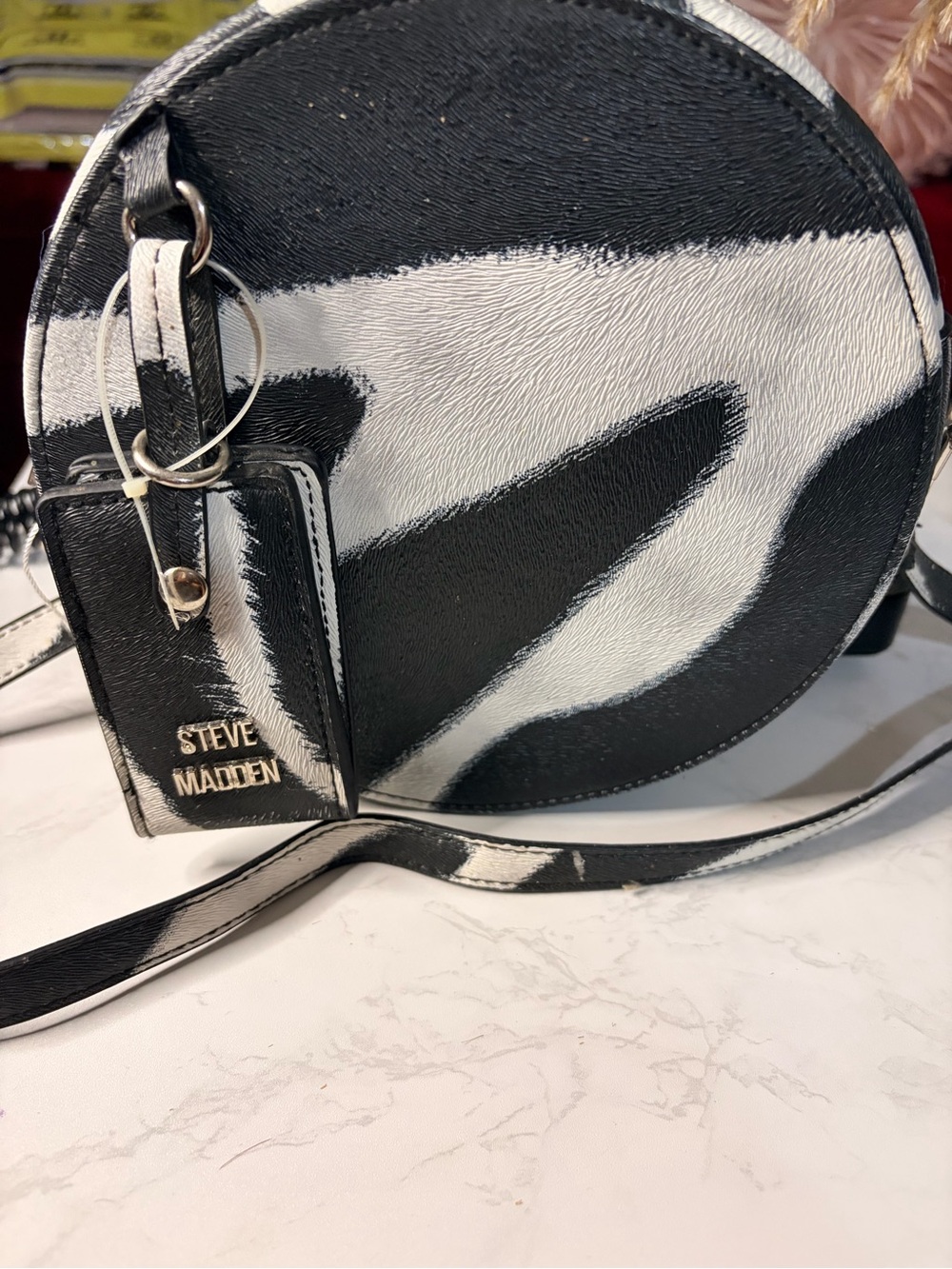 Steve Madden Black & White Zebra-Print Round Crossbody Bag